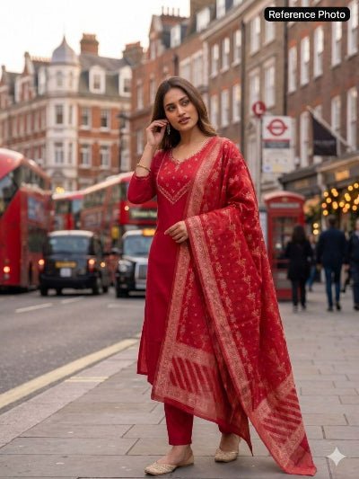 Red Chanderi Hand Work Straight Suit - BONYHUBSALWAR KAMEEZ