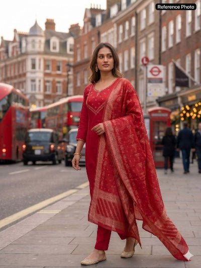 Red Chanderi Hand Work Straight Suit - BONYHUBSALWAR KAMEEZ