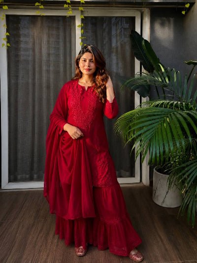 Red Chikankari Rayon Sharara Suit Set - BONYHUBSALWAR KAMEEZ