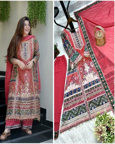Red Chinon Silk Digital Print Mirror Work Suit Set - BONYHUBSALWAR KAMEEZ