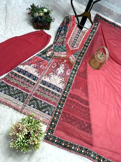 Red Chinon Silk Digital Print Mirror Work Suit Set - BONYHUBSALWAR KAMEEZ