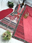 Red Chinon Silk Digital Print Mirror Work Suit Set - BONYHUBSALWAR KAMEEZ