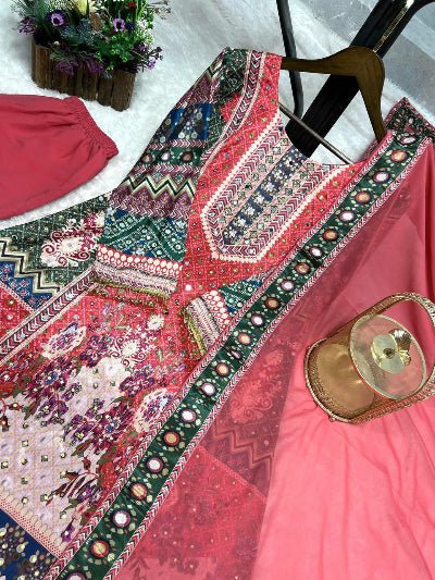 Red Chinon Silk Digital Print Mirror Work Suit Set - BONYHUBSALWAR KAMEEZ