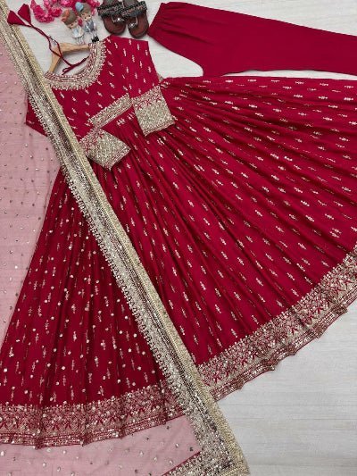 Designer Chinon Silk Embroidered Anarkali Suit Set - BONYHUBSALWAR KAMEEZ