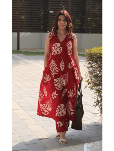 Red Co - ord Set with Kurta Pant (Set of 2) - BONYHUBSALWAR KAMEEZ