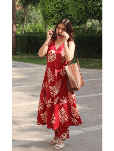 Red Co - ord Set with Kurta Pant (Set of 2) - BONYHUBSALWAR KAMEEZ