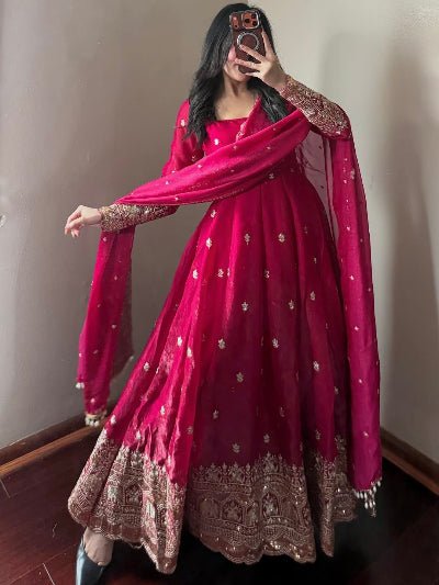 Red Designer Fendy Silk Embroidery Anarkali Suit - BONYHUBSALWAR KAMEEZ