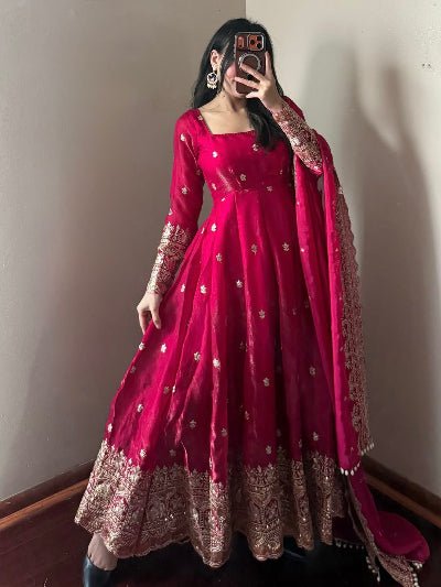 Red Designer Fendy Silk Embroidery Anarkali Suit - BONYHUBSALWAR KAMEEZ