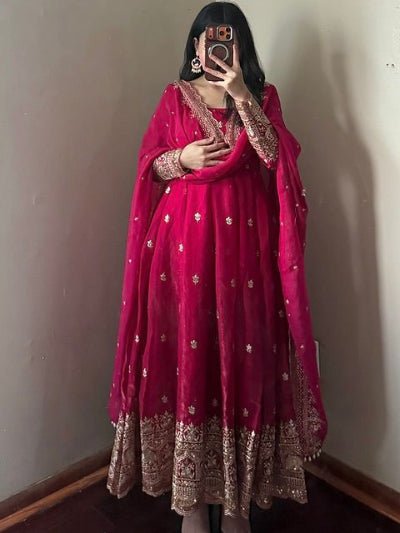 Red Designer Fendy Silk Embroidery Anarkali Suit - BONYHUBSALWAR KAMEEZ