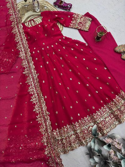 Red Designer Fendy Silk Embroidery Anarkali Suit - BONYHUBSALWAR KAMEEZ
