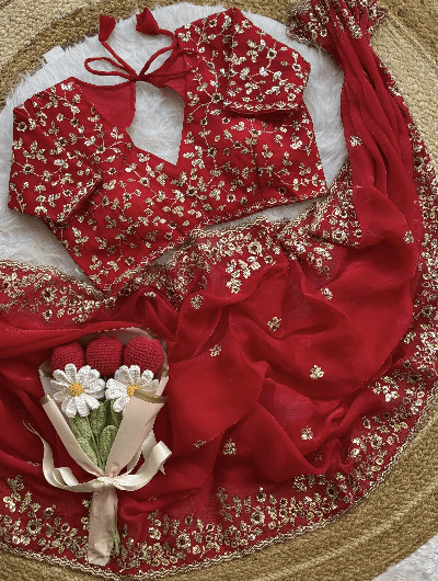 Red Designer Sari Free Stitched Blouse Readytowear - BONYHUBSAREE