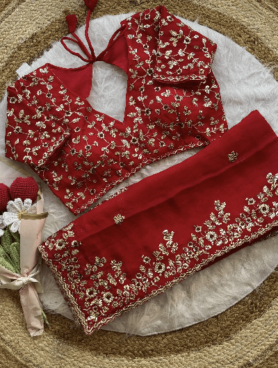 Red Designer Sari Free Stitched Blouse Readytowear - BONYHUBSAREE