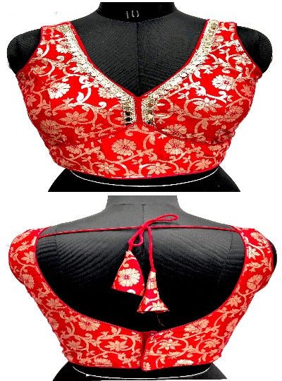 Red Dola Silk Zari Readymade Stitched Blouse UK Next Day - BONYHUBblouses