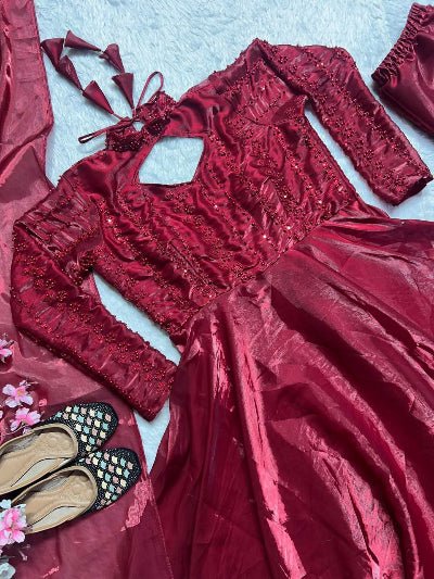 Red Elegant Sequins Embroidery Anarkali Suit Set - BONYHUBSALWAR KAMEEZ