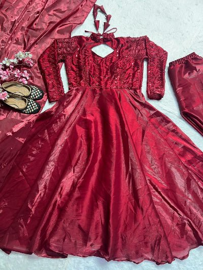 Red Elegant Sequins Embroidery Anarkali Suit Set - BONYHUBSALWAR KAMEEZ