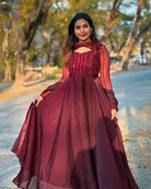 Red Elegant Sequins Embroidery Anarkali Suit Set - BONYHUBSALWAR KAMEEZ