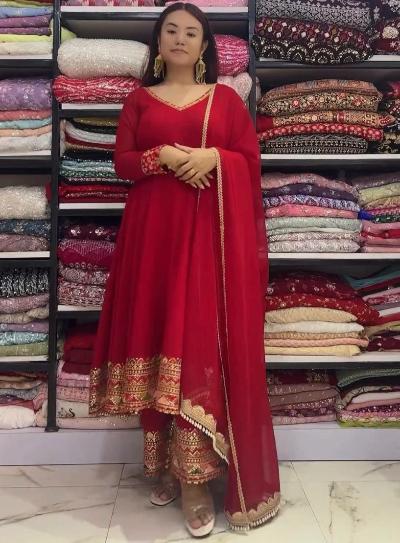 Red Embroidered Anarkali Gown Palazzo and Dupatta UK Next Day - BONYHUBSALWAR KAMEEZ