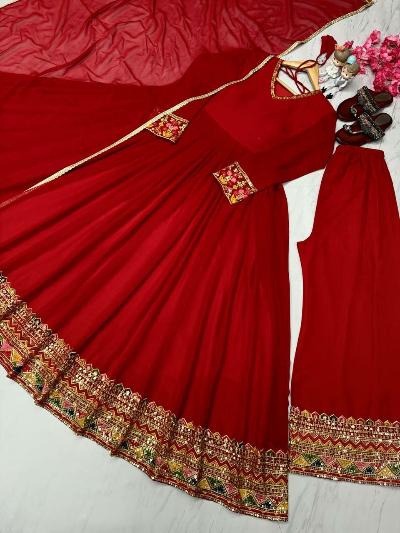 Red Embroidered Anarkali Gown Palazzo and Dupatta UK Next Day - BONYHUBSALWAR KAMEEZ