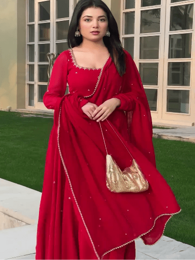 Red Embroidered Georgette Gown Suit Set for Women | Asian Ethnic Wear UK - BONYHUBSALWAR KAMEEZ