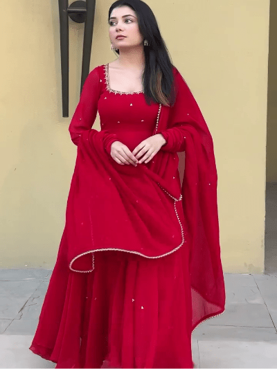 Red Embroidered Georgette Gown Suit Set for Women | Asian Ethnic Wear UK - BONYHUBSALWAR KAMEEZ