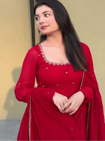 Red Embroidered Georgette Gown Suit Set for Women | Asian Ethnic Wear UK - BONYHUBSALWAR KAMEEZ