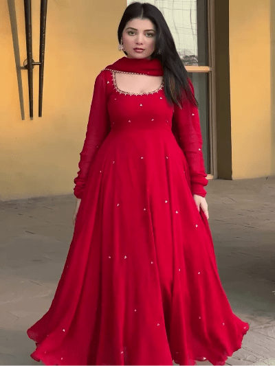 Red Embroidered Georgette Gown Suit Set for Women | Asian Ethnic Wear UK - BONYHUBSALWAR KAMEEZ