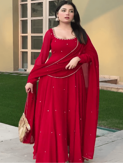 Red Embroidered Georgette Gown Suit Set for Women | Asian Ethnic Wear UK - BONYHUBSALWAR KAMEEZ