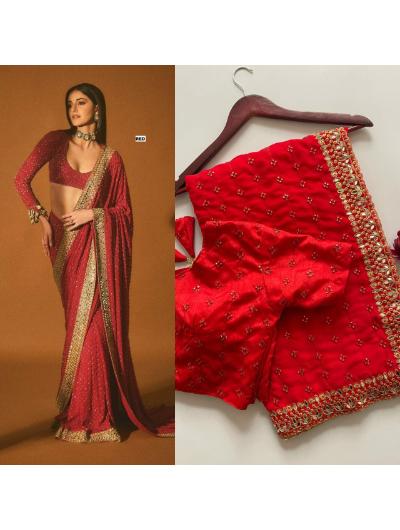 Red Embroidered Georgette Saree with Mirror Work - BONYHUBSAREE