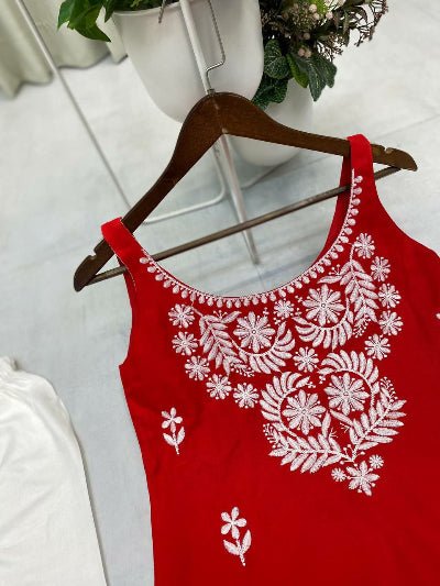 Red Embroidered Kurti Palazzo Set Of 2 - BONYHUBSALWAR KAMEEZ