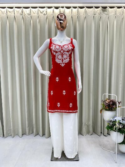 Red Embroidered Kurti Palazzo Set Of 2 - BONYHUBSALWAR KAMEEZ