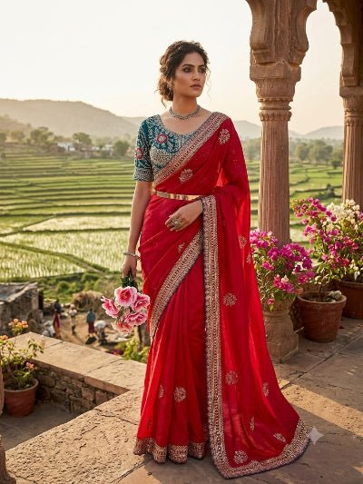 Red Embroidered Ready to Wear Saree with Stitched Blouse for Women | Asian Ethnic Wear - BONYHUBSAREE