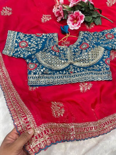 Red Embroidered Ready to Wear Saree with Stitched Blouse for Women | Asian Ethnic Wear - BONYHUBSAREE