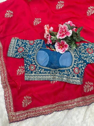 Red Embroidered Ready to Wear Saree with Stitched Blouse for Women | Asian Ethnic Wear - BONYHUBSAREE