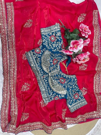 Red Embroidered Ready to Wear Saree with Stitched Blouse for Women | Asian Ethnic Wear - BONYHUBSAREE