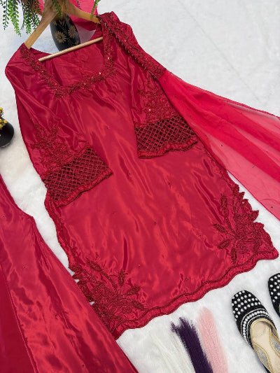 Red Embroidery Beads Work Palazzo Sharara Suit UK Next Day - BONYHUBSALWAR KAMEEZ