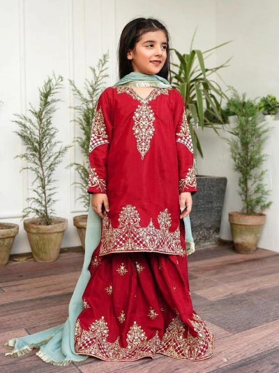 Red Embroidery Work Sharara Set Mother Daughter Combo - BONYHUBClothing