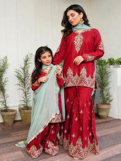 Red Embroidery Work Sharara Set Mother Daughter Combo - BONYHUBClothing