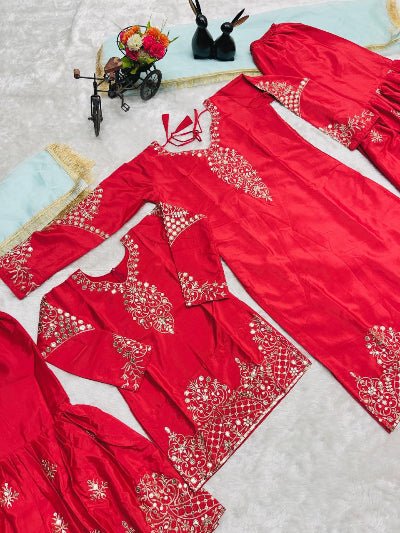 Red Embroidery Work Sharara Set Mother Daughter Combo - BONYHUBClothing