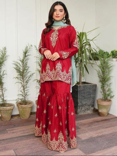 Red Embroidery Work Sharara Set Mother Daughter Combo - BONYHUBClothing