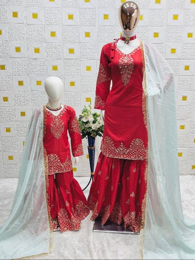 Red Embroidery Work Sharara Set Mother Daughter Combo - BONYHUBClothing