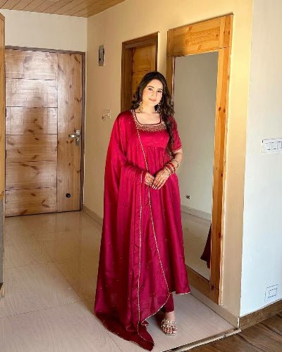 Red Fendi Silk Moti Work Anarkali Suit Set - BONYHUBSALWAR KAMEEZ