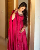 Red Fendi Silk Moti Work Anarkali Suit Set - BONYHUBSALWAR KAMEEZ