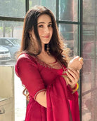 Red Fendi Silk Moti Work Anarkali Suit Set - BONYHUBSALWAR KAMEEZ