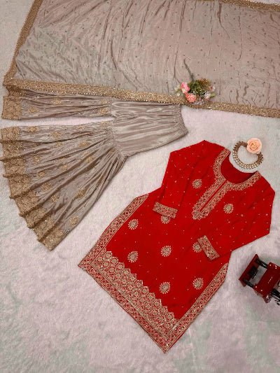 Red Festive Rich Embroidery Sharara Suit UK Next Day - BONYHUBSALWAR KAMEEZ