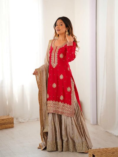 Red Festive Rich Embroidery Sharara Suit UK Next Day - BONYHUBSALWAR KAMEEZ