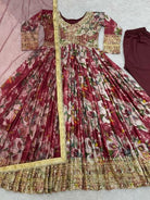 Red Floral Alia Cut Chinon Silk Anarkali Suit Set UK Next Day - BONYHUBSALWAR KAMEEZ