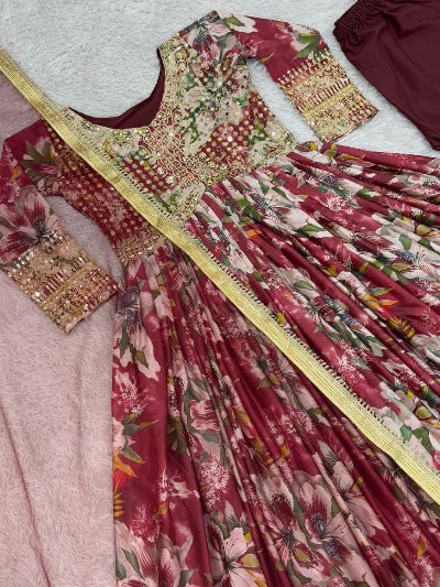Red Floral Alia Cut Chinon Silk Anarkali Suit Set UK Next Day - BONYHUBSALWAR KAMEEZ