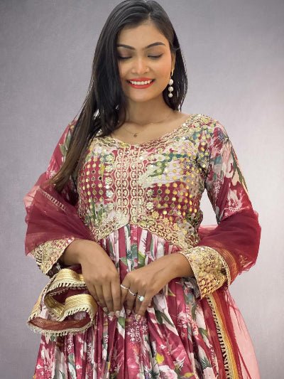 Red Floral Alia Cut Chinon Silk Anarkali Suit Set UK Next Day - BONYHUBSALWAR KAMEEZ