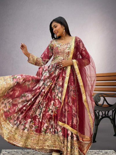 Red Floral Alia Cut Chinon Silk Anarkali Suit Set UK Next Day - BONYHUBSALWAR KAMEEZ