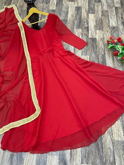 Red Georgette Anarkali Long Kurti with Dupatta Set of 2 - BONYHUBSALWAR KAMEEZ